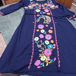 Heavily Embroidered Navy Size Large Colorful Peacock Maxi Dress Mexican Boho